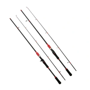 Straight-handled, medium-action, multi-section carbon fiber fishing rod.