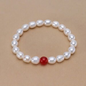 White Rice Pearl Red Agate Accent Pearl Bracelet