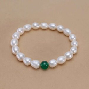 White Rice Pearl Green Agate Accent Pearl Bracelet