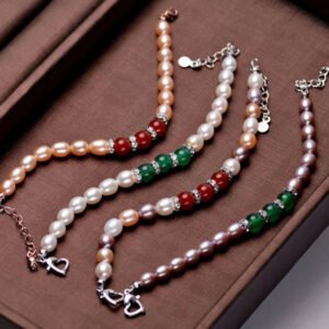 Pink Rice Pearl Bracelet with Three Agate Beads and Extender